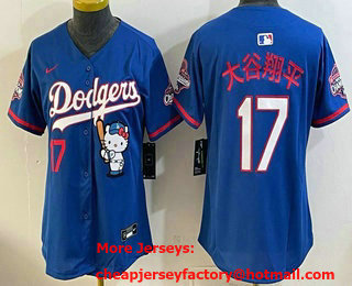 Women's Los Angeles Dodgers #17 Shohei Ohtani Blue Japanese Hello Kitty 2025 World Series Champions Limited Jersey