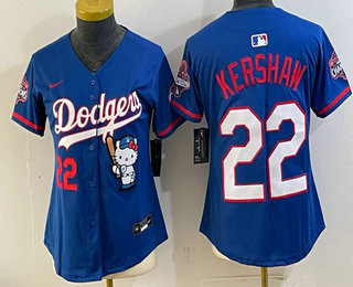 Women's Los Angeles Dodgers #22 Clayton Kershaw Royal Hello Kitty 2025 World Series Champions Patch Stitched Jersey