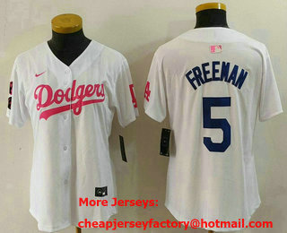 Women's Los Angeles Dodgers #5 Freddie Freeman White Pink With Patch Limited Stitched Jersey