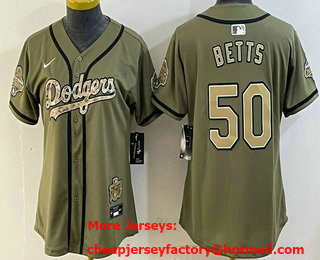 Women's Los Angeles Dodgers #50 Mookie Betts Olive 2026 Military Appreciation Game Day Stitched Baseball Jersey