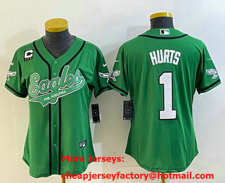 Women's Philadelphia Eagles #1 Jalen Hurts Green C Patch Cool Base Stitched Baseball Jersey