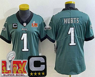 Women's Philadelphia Eagles #1 Jalen Hurts Limited Green C Patch Super Bowl LIX Vapor Jersey