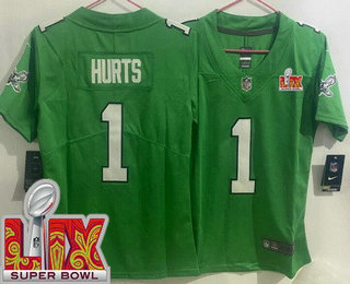 Women's Philadelphia Eagles #1 Jalen Hurts Limited Kelly Green Super Bowl LIX Vapor Jersey