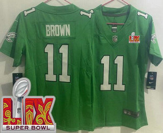 Women's Philadelphia Eagles #11 AJ Brown Limited Kelly Green Super Bowl LIX Vapor Jersey