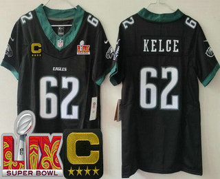 Women's Philadelphia Eagles #62 Jason Kelce Limited Black C Patch Super Bowl LIX Vapor FUSE Jersey