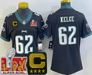 Women's Philadelphia Eagles #62 Jason Kelce Limited Black C Patch Super Bowl LIX Vapor Jersey