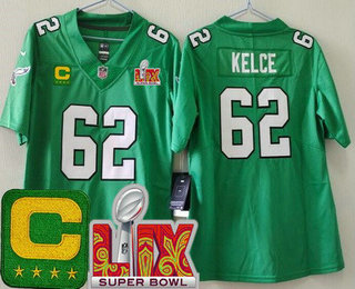 Women's Philadelphia Eagles #62 Jason Kelce Limited Kelly Green C Patch Super Bowl LIX Vapor Jersey