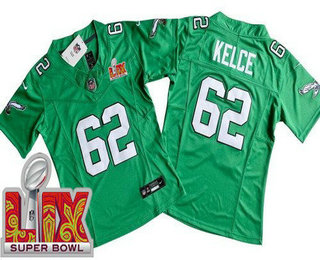 Women's Philadelphia Eagles #62 Jason Kelce Limited Kelly Green Super Bowl LIX Vapor FUSE Jersey
