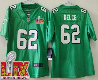 Women's Philadelphia Eagles #62 Jason Kelce Limited Kelly Green Super Bowl LIX Vapor Jersey