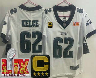 Women's Philadelphia Eagles #62 Jason Kelce Limited White C Patch Super Bowl LIX Vapor Jersey