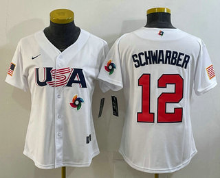 Women's USA Baseball #12 Kyle Schwarber 2023 White World Classic Stitched Jersey 01