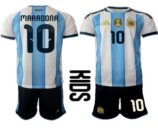 Youth Argentina National Team #10 Diego Maradona Home White 2026 World Cup Soccer Jersey Suit