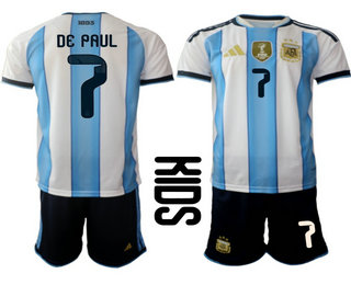 Youth Argentina National Team #7 Rodrigo De Paul Home White 2026 World Cup Soccer Jersey Suit