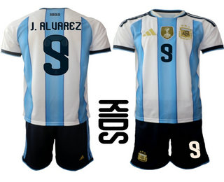 Youth Argentina National Team #9 Julian Alvarez Home White 2026 World Cup Soccer Jersey Suit