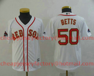 Youth Boston Red Sox #50 Mookie Betts White With Gold Program 2018 MLB World Series Champions Patch Stitched MLB Cool Base Jersey