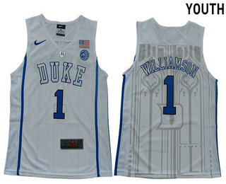 Youth Duke Blue Devils #1 Zion Williamson V White 2017 College Basketball Nike Swingman Jersey