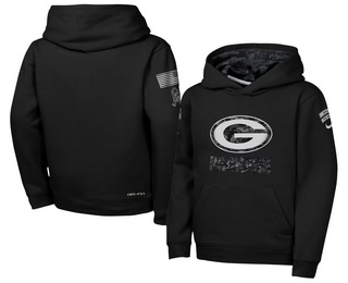 Youth Green Bay Packers Black 2026 Salute to Service Sideline Pullover Hoodie