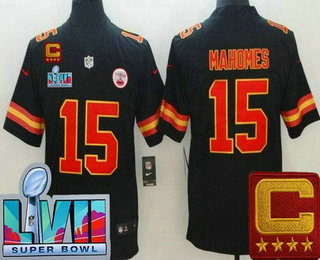 Youth Kansas City Chiefs #15 Patrick Mahomes II Limited Black C Patch Super Bowl LVII Vapor Jersey