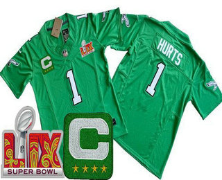 Youth Philadelphia Eagles #1 Jalen Hurts Limited Kelly Green C Patch Super Bowl LIX Vapor FUSE Jersey