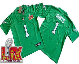 Youth Philadelphia Eagles #1 Jalen Hurts Limited Kelly Green Super Bowl LIX Vapor FUSE Jersey