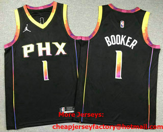 Youth Phoenix Suns #1 Devin Booker Black 2022 Statement Icon Sponsor Swingman Jersey