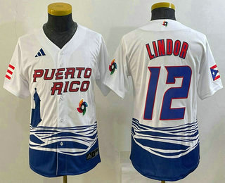 Youth Puerto Rico Baseball #12 Francisco Lindor 2023 White World Baseball Classic Stitched Jersey 03