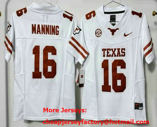Youth Texas Longhorns #16 Arch Manning White FUSE College Football Jersey